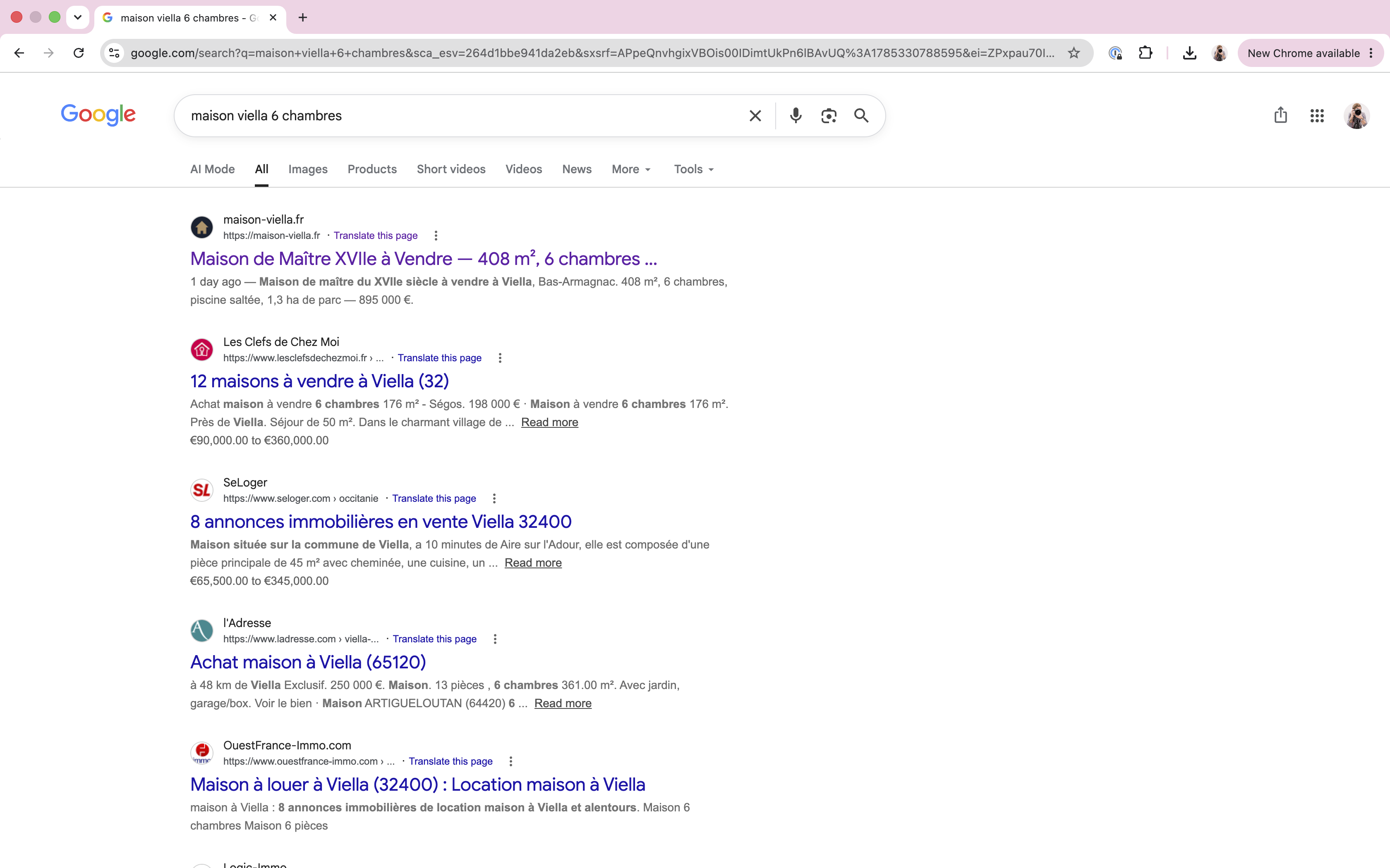 Google results for "maison viella 6 chambres" — maison-viella.fr ranking first, above Les Clefs de Chez Moi, SeLoger and the other portals